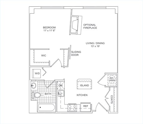 Floor plan for 1 bed, 1 bath, 706 sqft